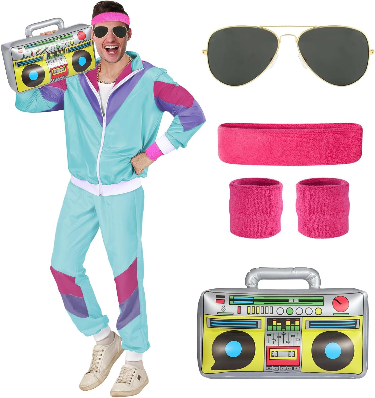 80s 90s Fancy Dress Costumes Men Women, 80s Shell Suit Costume Retro Tracksuit with Pilot Glasses Headband Wristbands Inflatable Boom Box, 1980s Fancy Dress for Carnival Parties Halloween