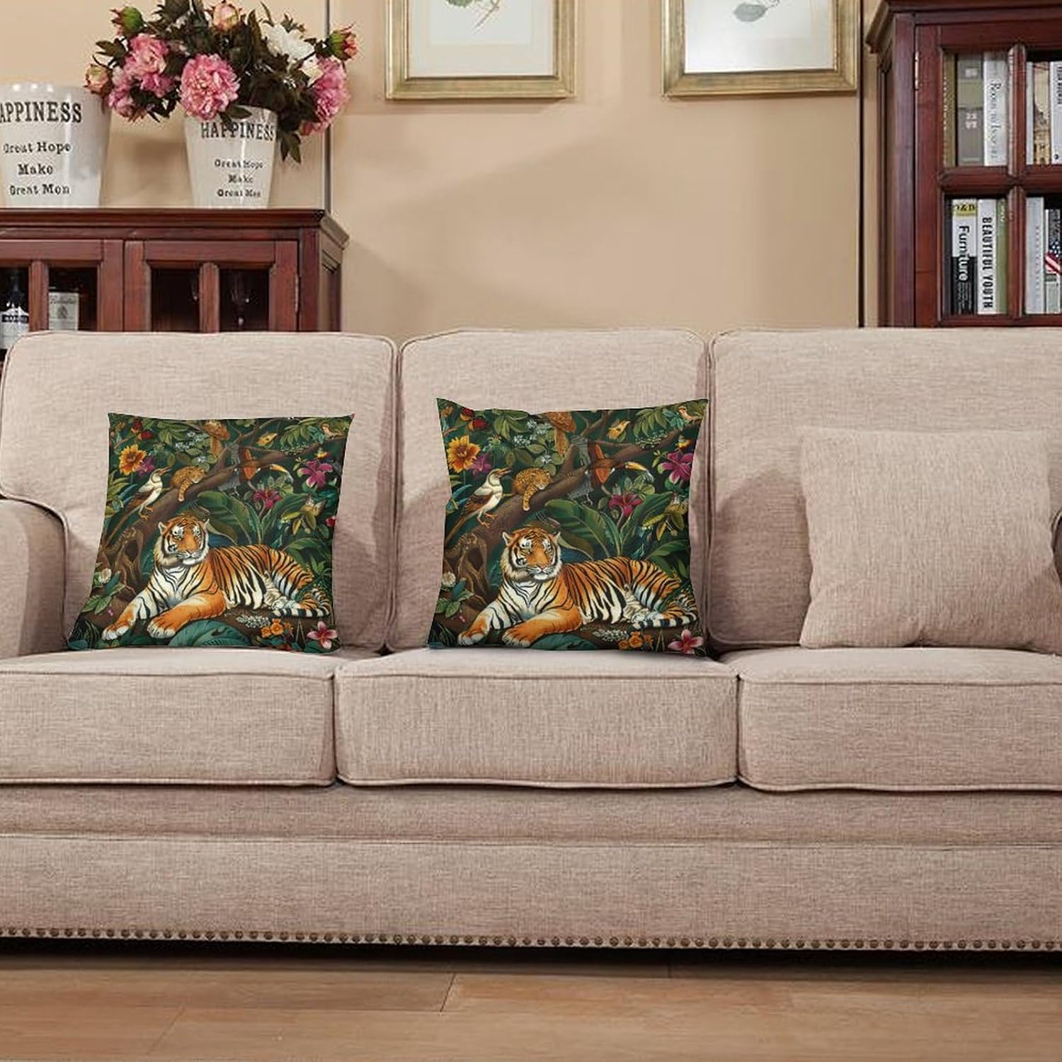 Colorful Floral Forest Animal Throw Pillow Covers for Living Room Bedroom, Jungle Plant Bird Tiger Pillowcases Outdoor Cushion Case for Couch Sofa Bed, 20x20 inch