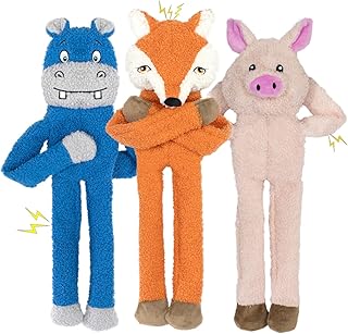 3 Pack No Stuffing Dog Toys Crinkle Squeaky Interactive Plush Dog Toy, not for Aggressive Chewers, to Keep Them Busy,Shape Orange Fox Pink Pig Blue Hippo