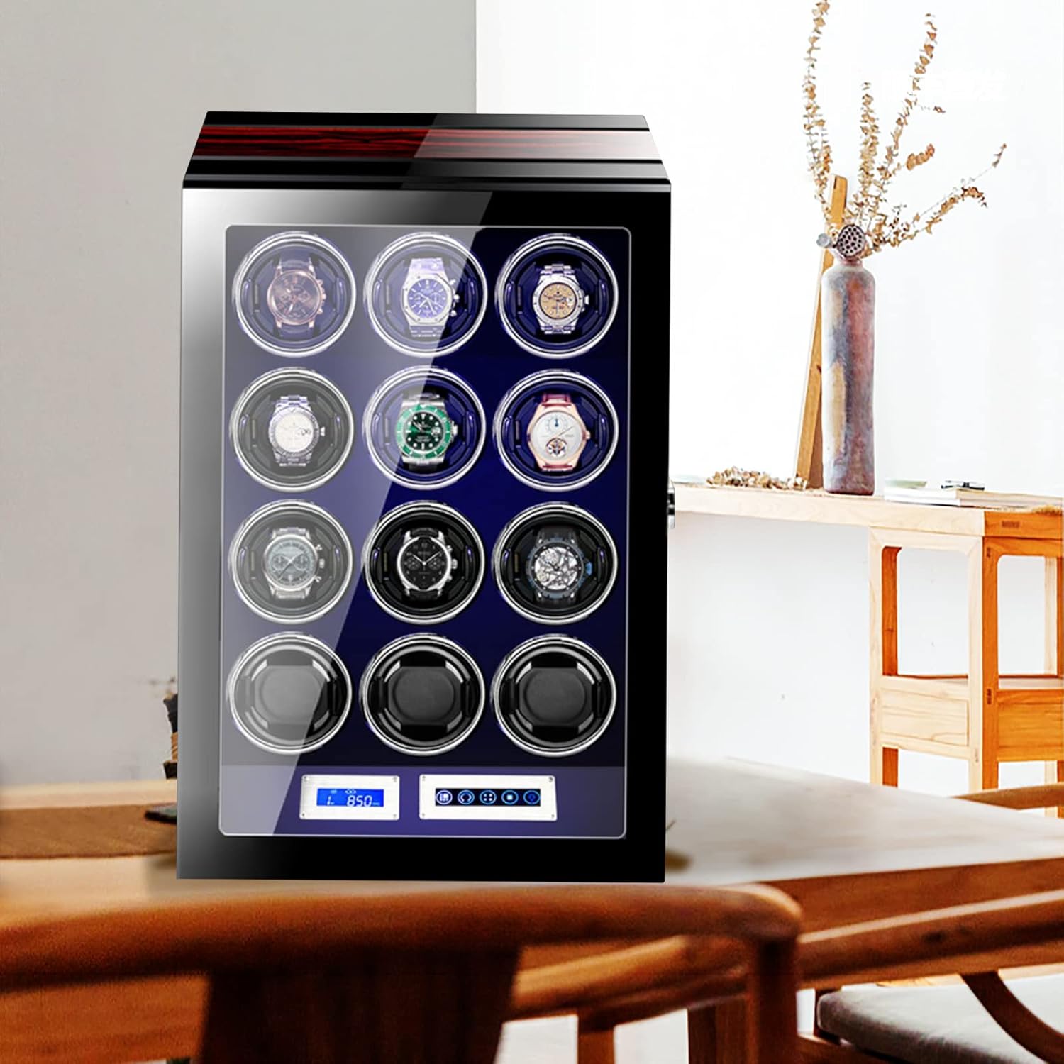 Watch Winder for 12 Winding Spaces Automatic Watches, Ultra-Quiet Japanese Motors, Built-in LED Illumination and LCD Touchscreen Control