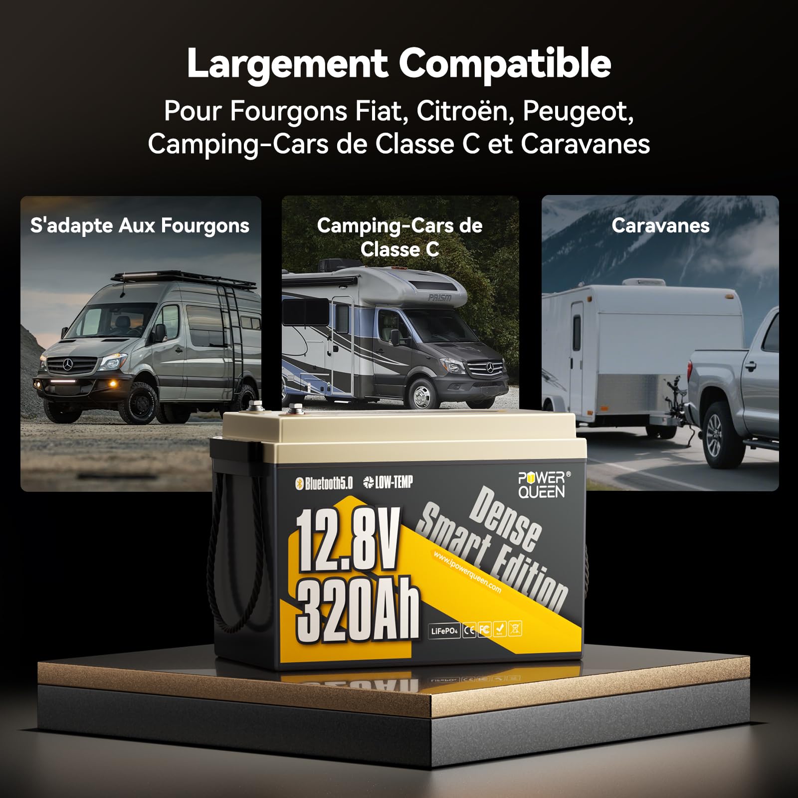 Power Queen Batterie Lithium 12V 320Ah Bluetooth Mini Camping-Car, 4096Wh Batterie LiFePO4 Largeur 189mm pour Espace sous Sièges, BMS 200A avec Basse Température, Convient pour Caravane, Bateau,Solair
