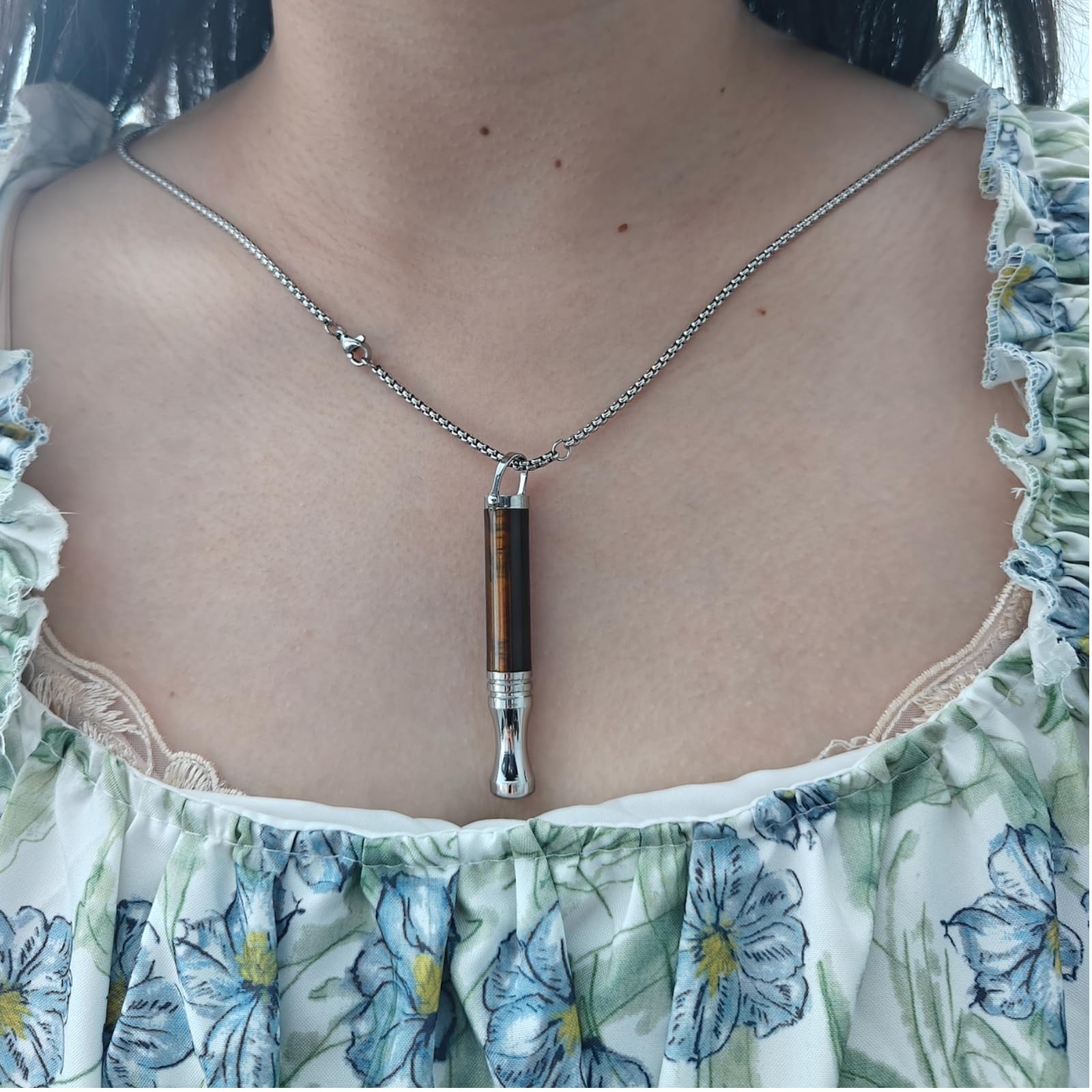 Collar de Respiración con Piedra de Ojo de Tigre y Aromaterapia Cadena de Acero Inoxidable de 70cm Herramienta de Meditación Atención Plena para Calmar,Ayudar a Dormir y Aliviar la Ansiedad el Estrés