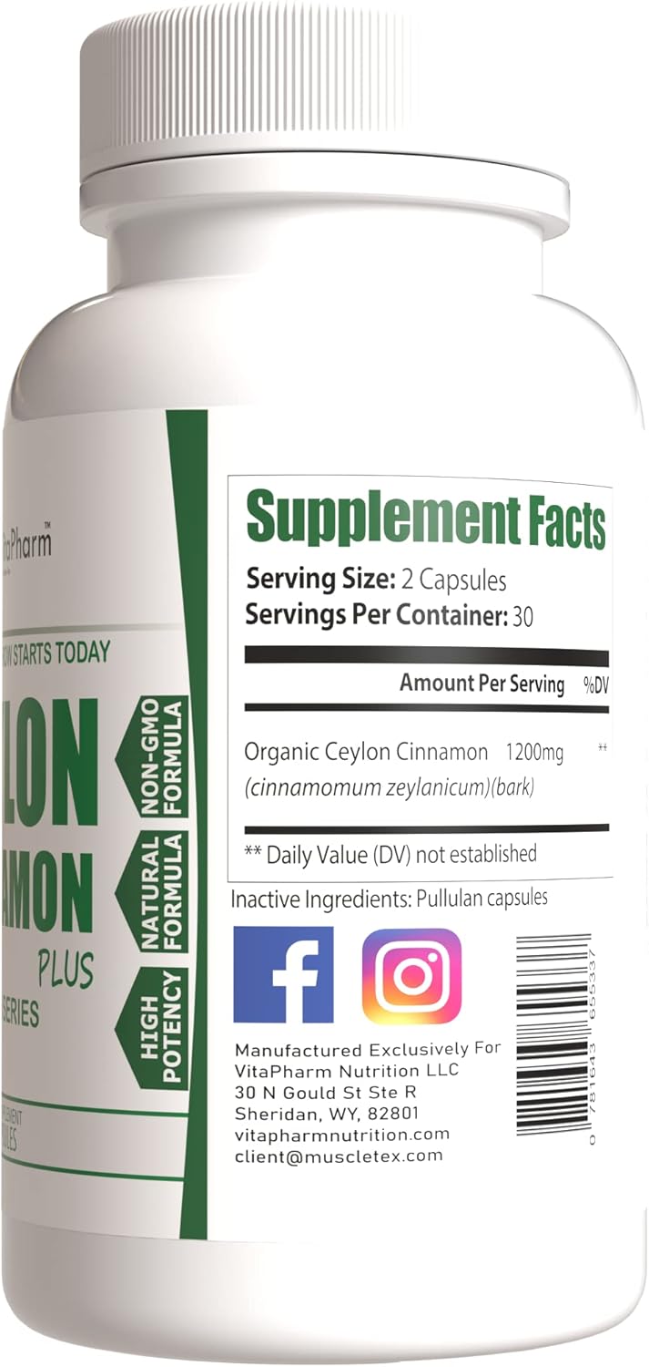 Organic Ceylon Cinnamon Supplement | Lower Blood Sugar | Pure Joint Support | Organic Ground Cinnamon | for Men and Women | Herbal Anti-Inflammatory Plus Antioxidant | 60 Vegan Powder Capsules : Health & Household