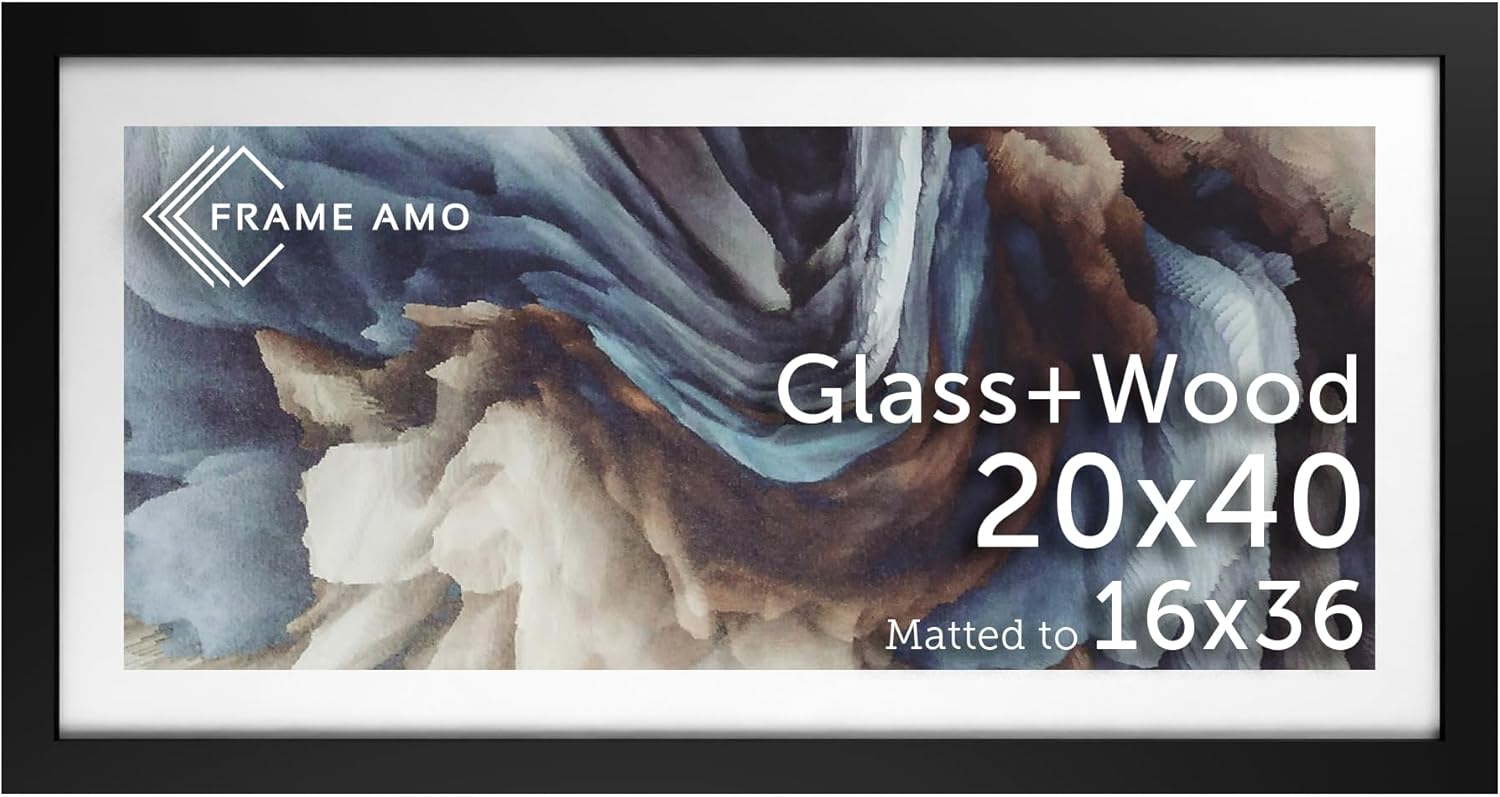 Frame Amo 20x40 Black Solid Wood Poster Frame, White Mat for 16x36 Image, Tempered Glass Front, 1.5 inch Wide, 1 inch Thick, High-End, Heavy-Duty, Gallery Grade & Acid-Free