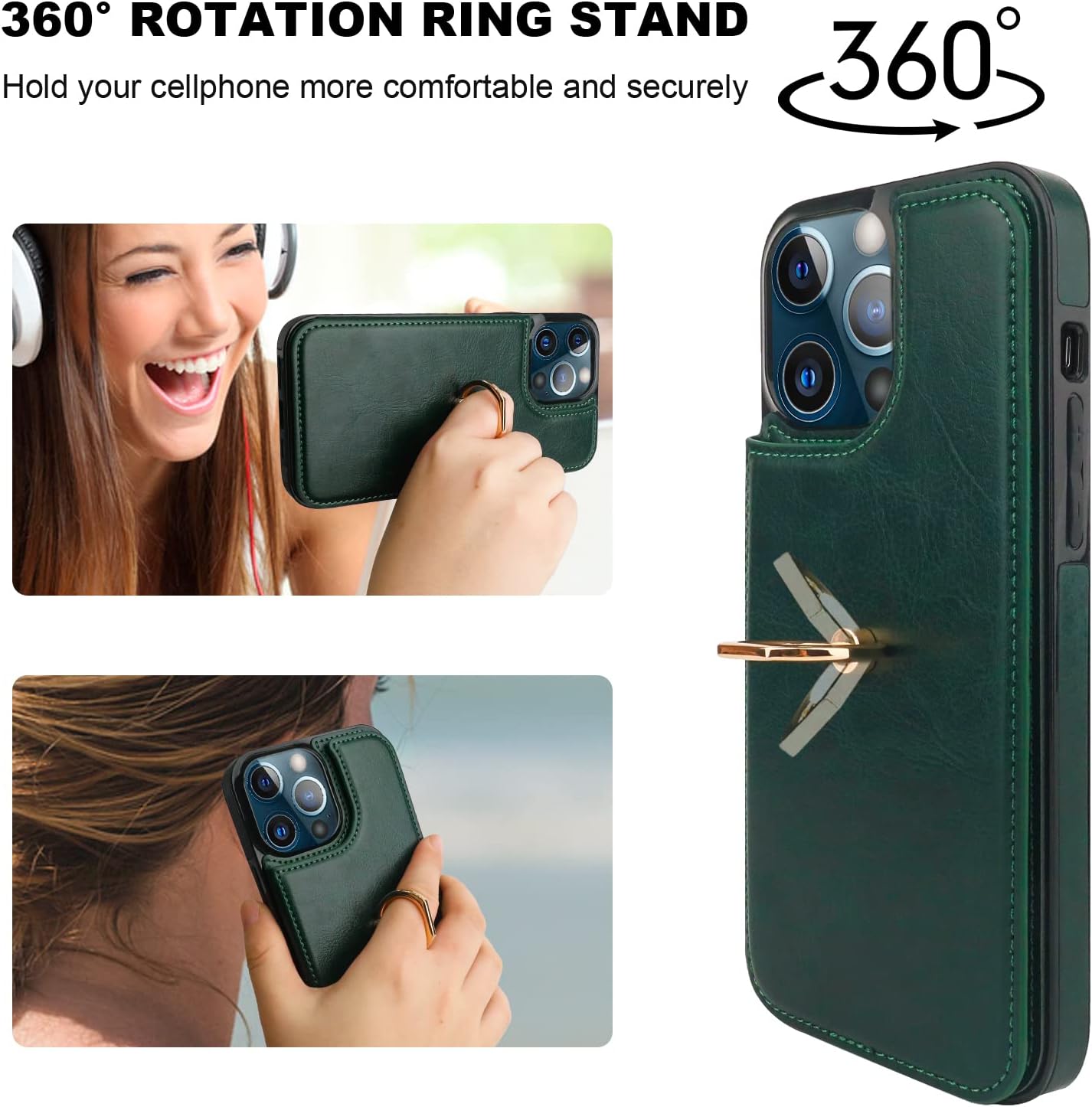 ONETOP for iPhone 13 Pro Max Wallet Case with Card Holder, 360° Rotation Ring Kickstand RFID Blocking PU Leather Double Magnetic Clasp Shockproof Cover for Women and Girls 6.7 Inch (Green) - Image 4