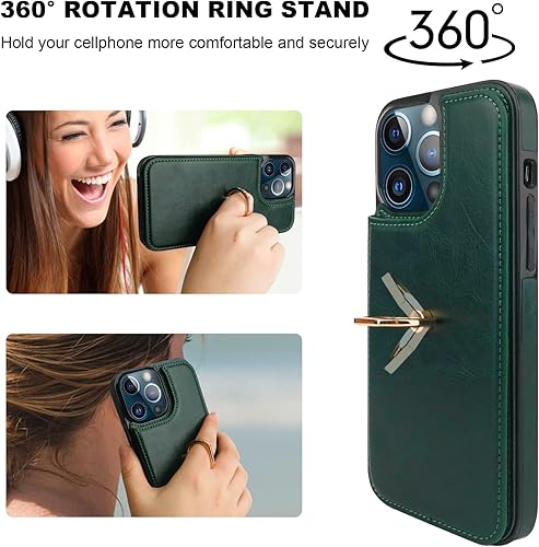 Miniatura 4 de Funda tipo cartera para iPhone 13 Pro Max con soporte para tarjetas, anillo de rotación de 360, función atril, bloqueo RFID, piel sintética, doble