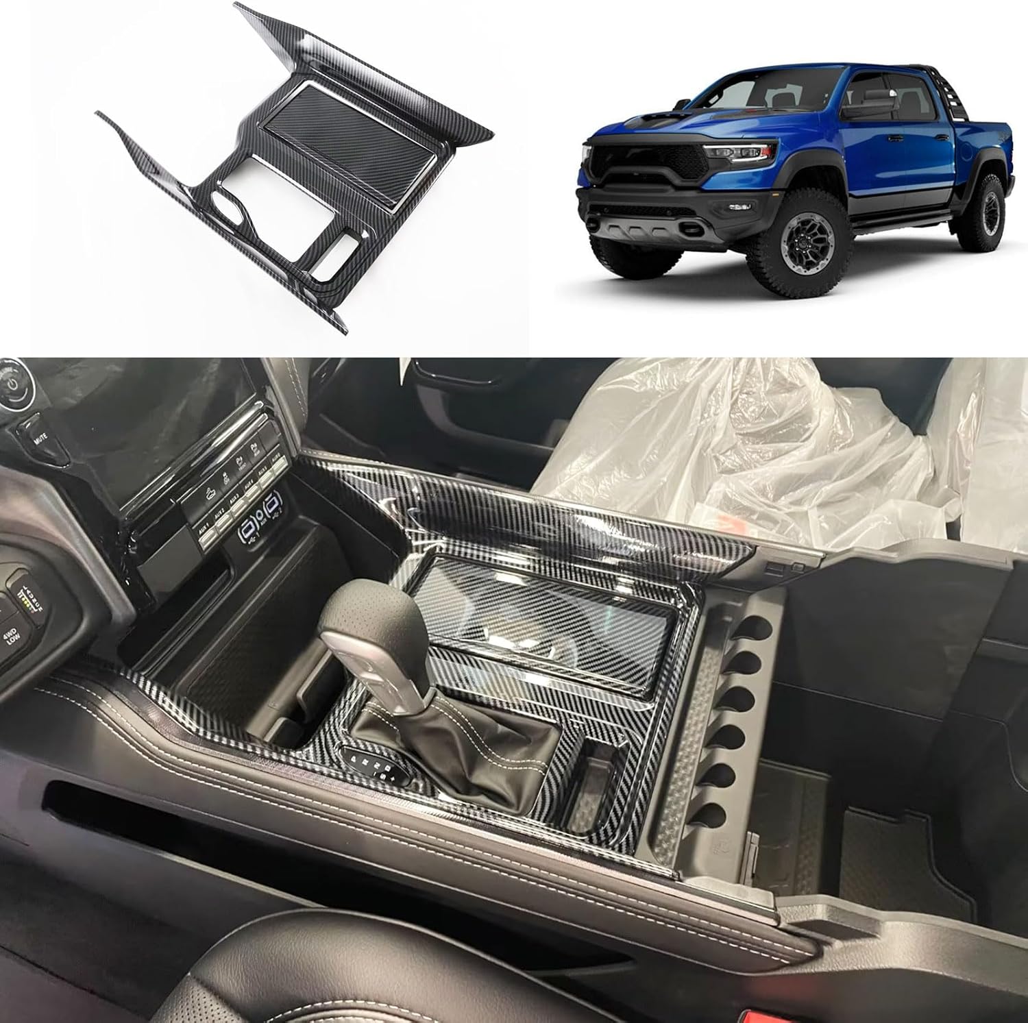 Car Accessories Carbon Fiber Style Compatible with Dodge Ram 1500 TRX 2019-2023 Center Console Gear Shift Panel Cover Trim Interior Molding Decorative Sticker ABS 2PCS