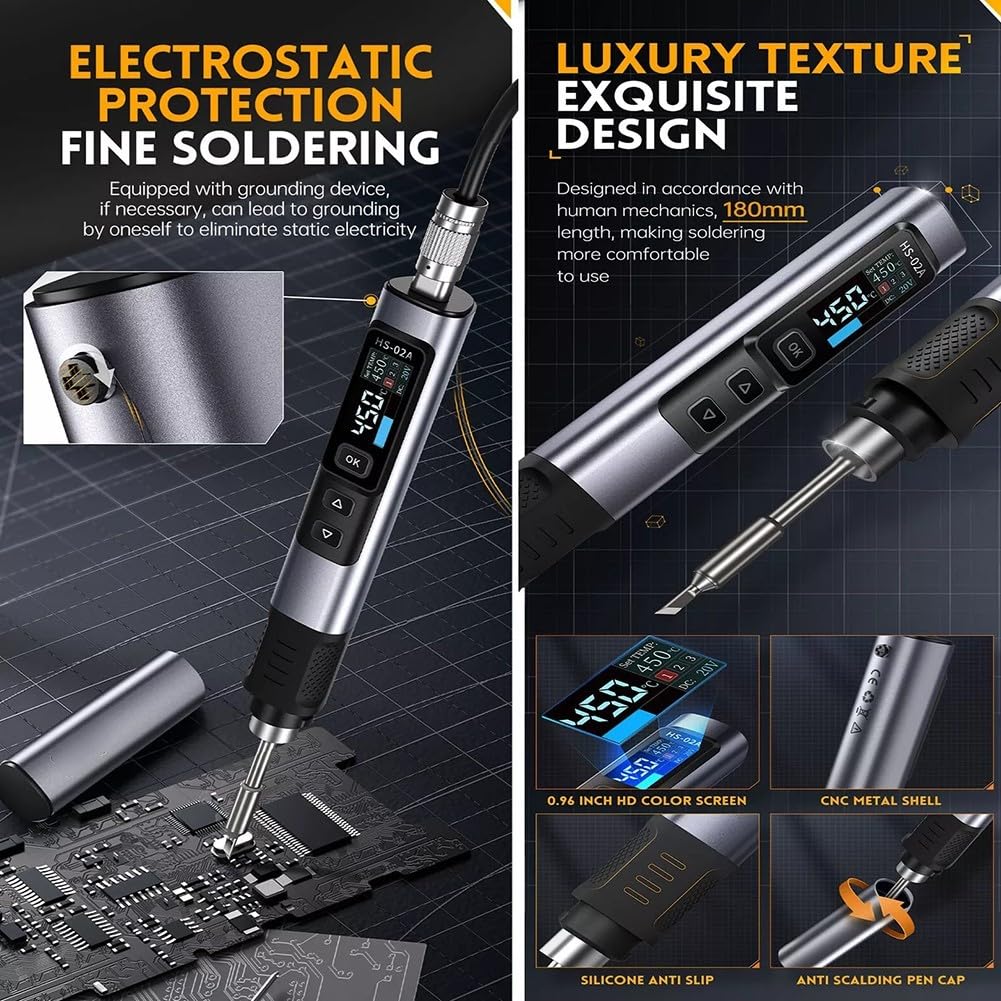 Saldatore a Stagno Kit, HS-02A 100W Smart Electric Saldatura con 6 Teste di Saldatore Kit, Elettrico Temperatura Costante Regolabile 100-450℃, 0.96 Pollici HD Schermo per fai da te, la casa