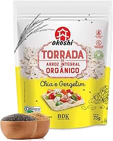 OKOSHI - Torrada de Arroz Integral Orgânico - Bolacha de arroz, Snacks Fit de Baixa Caloria - Vegano, Sem Açúcar, Baixo Sódio, Sem Glúten, Sem Lactose, Sem Gordura Trans, Kosher - 75g - Chia e Gergilin