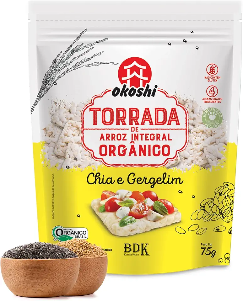 OKOSHI - Torrada de Arroz Integral Orgânico - Bolacha de arroz, Snacks Fit de Baixa Caloria - Vegano, Sem Açúcar, Baixo Sódio, Sem Glúten, Sem Lactose, Sem Gordura Trans, Kosher - 75g - Chia e Gergilin