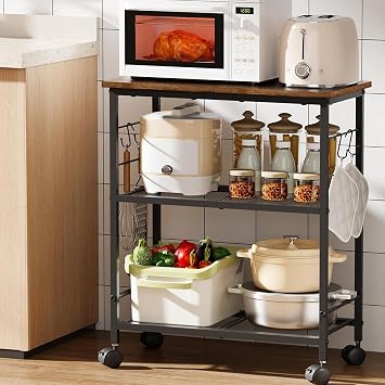 BEWISHOME 3-Tier Rolling Kitchen Microwave Cart, Small Microwave Stand