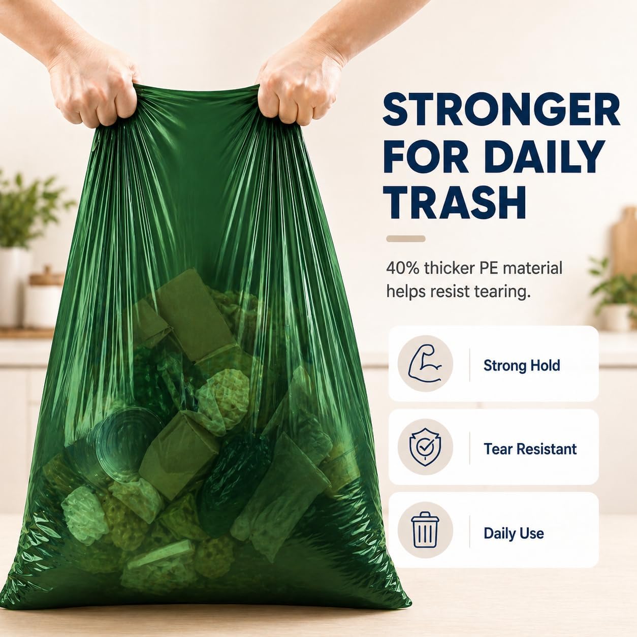 10 Gallon Compostable Trash Bags, Green, 60 Count, Flat Top Kitchen Garbage Bags, 1.1 Mil Thick, Plant-Based & Biodegradable