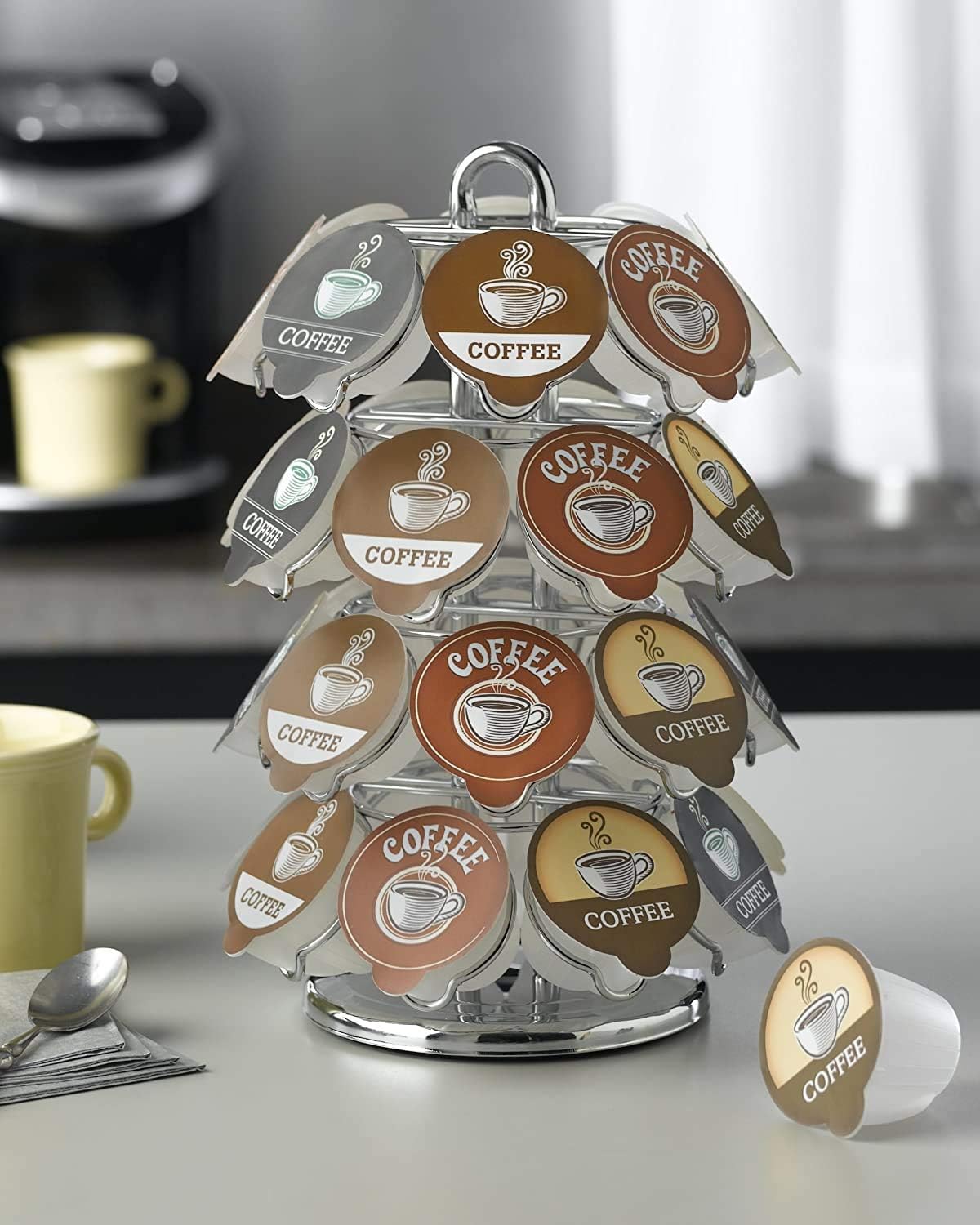 Nifty Coffee Pod Carousel – Compatible with K-Cups, 32 Pod Pack Storage, Spins 360-Degrees, Lazy Susan Platform, Modern Chrome Design, Home or Office Kitchen Counter Organizer