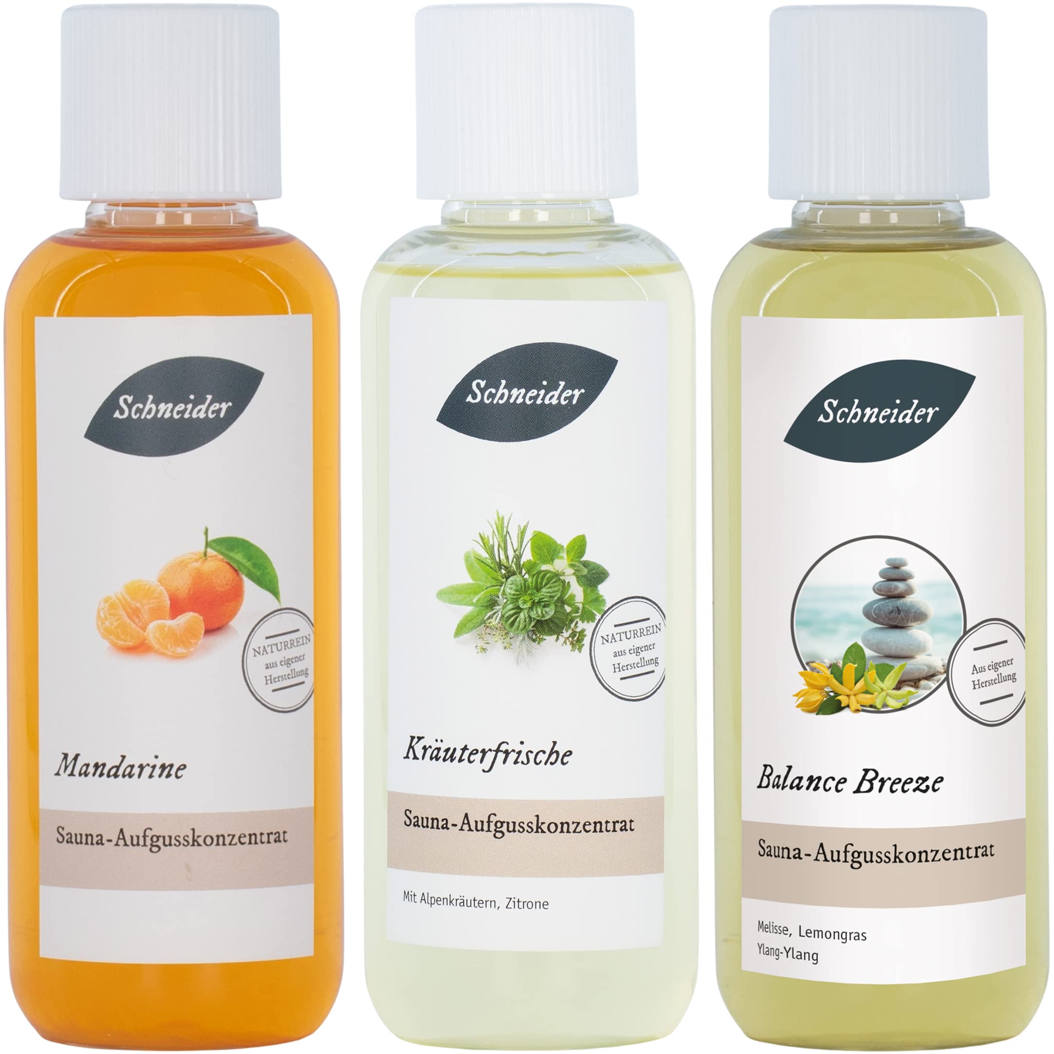 Saunabedarf Schneider - Aufgussset Natural Sunrise - 3 x 250 ml Inhalt - Saunaaufguss natürlich-frisch, wohltuender Mix