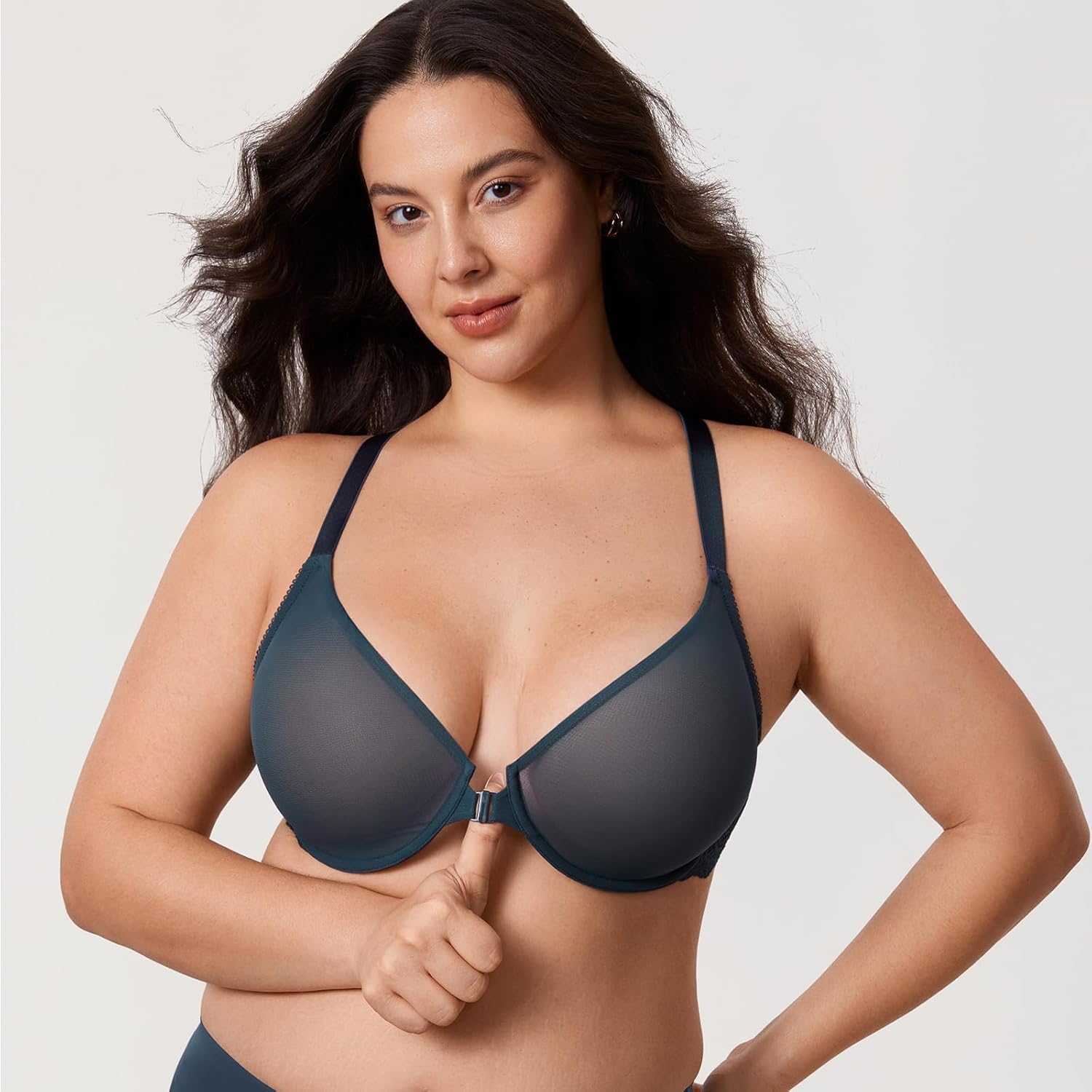 DELIMIRA Women's Front Closure Racerback Bra Sheer Mesh Plus Size Full Coverage Underwire Unlined Bras - Image 3
