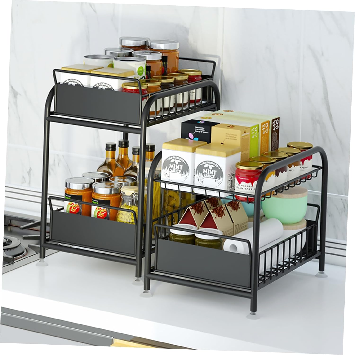 Kitchen Storage Rack Telescopic Push-pull Organizer for under Sink Countertop Stackable Design Multi-functional Storage for Bathroom Kitchen Black