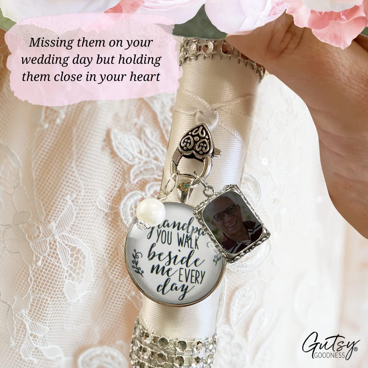 Bouquet Charm for Wedding Grandpa You Walk Beside Me Remembrance Keepsake Antique Silvertone 1 Frame White Glass Jewelry White Bead Loving Memory of Grandfather for Bride's Flowers DIY Photo Template