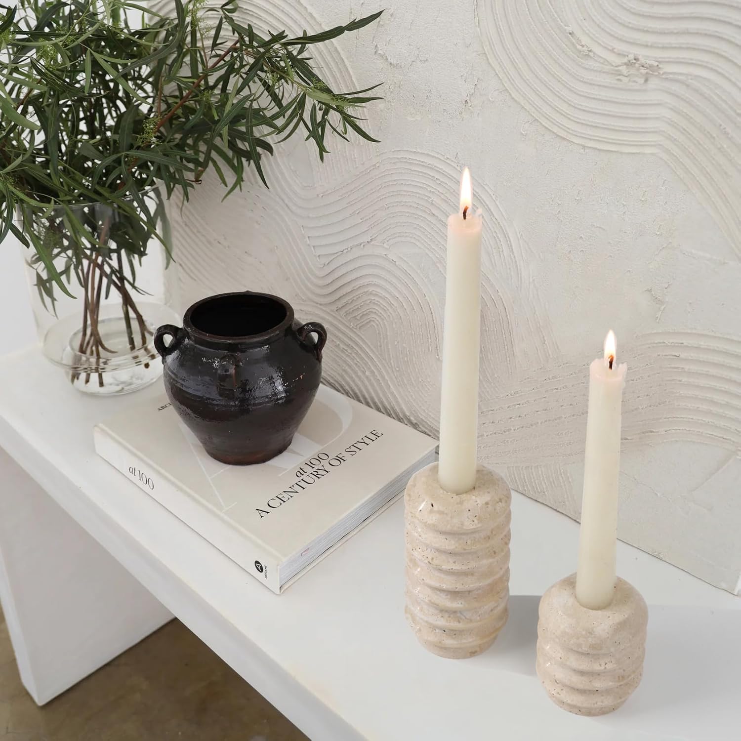 Vixdonos Taper Candle Holder Set Natural Travertine Candlestick Holder Mantle Candle Stand with Natural Stone Holes for Home Decor,Wedding,Party and Table Centerpieces(White)