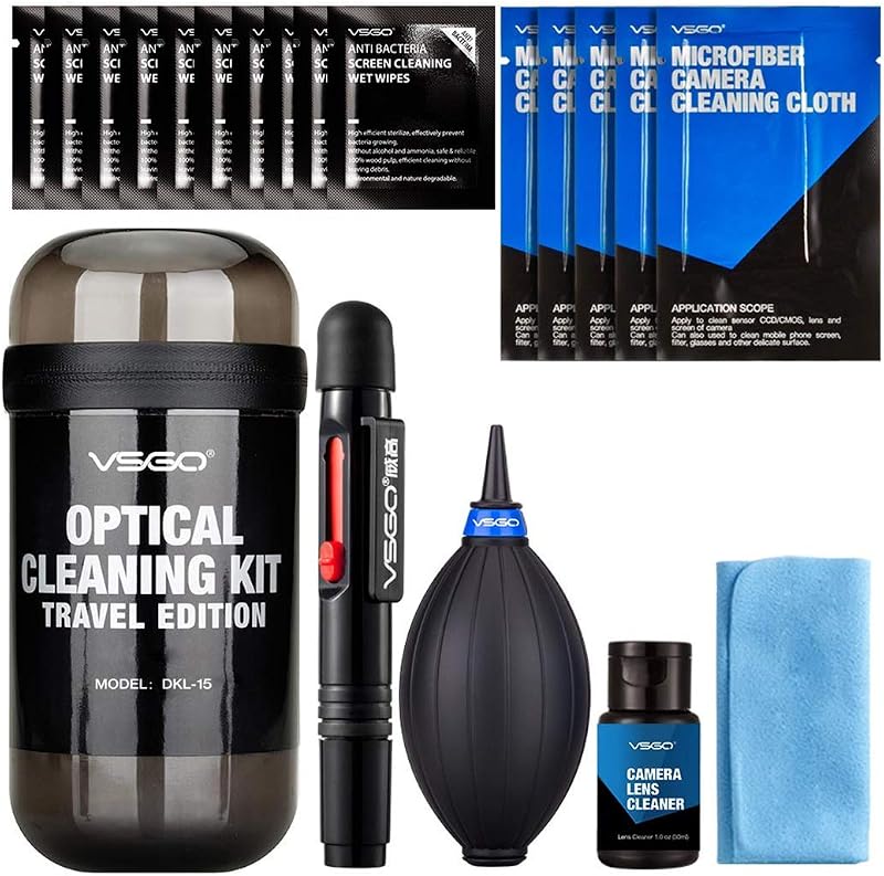 VSGO Optical Camera Lens Cleaning Kit Travel Edition | Lens Pen, Air Blower, Lens Cleaner, Screen Cleaning Cloth and Wet Wipes & Microfiber Cleaning Cloth Included, DKL-15D
