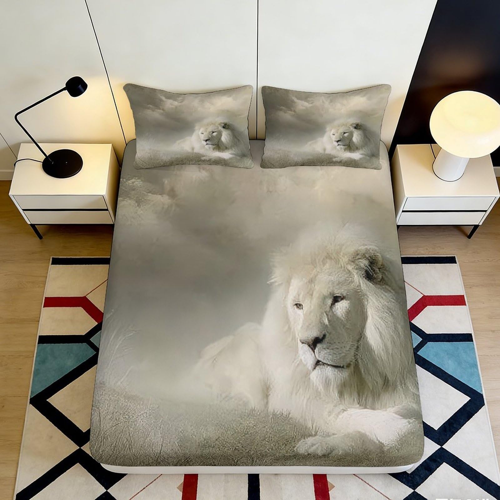 3D Printed White Lion Fitted Sheet Microfiber Deep Pocket Bedroom Bedding Full Wrap Lion Mattress Fitted Cover Non-Slip Washable for Adults Teens 160x200x25cm