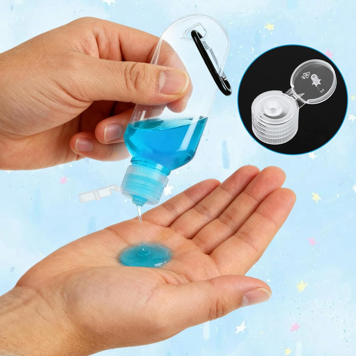 100 Pack 50ml Empty Hand Sanitizer Bottles with Keychain Black Carabiners Travel Size Hand Sanitizer Holder PETG Refillable Travel Bottles Set for Backpacks School and Office