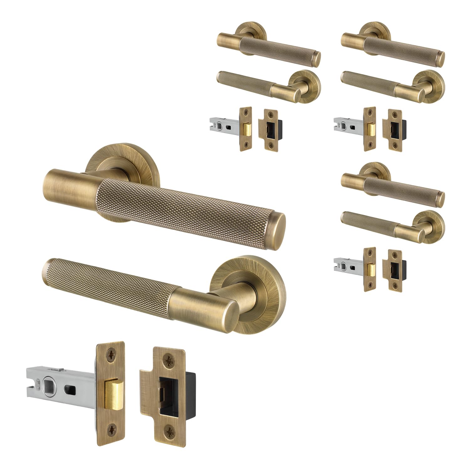 Eai Antique Brass Door Handle And Latch Set, Internal Door Handle With 64Mm Latch, Varri Range 4 Pack
