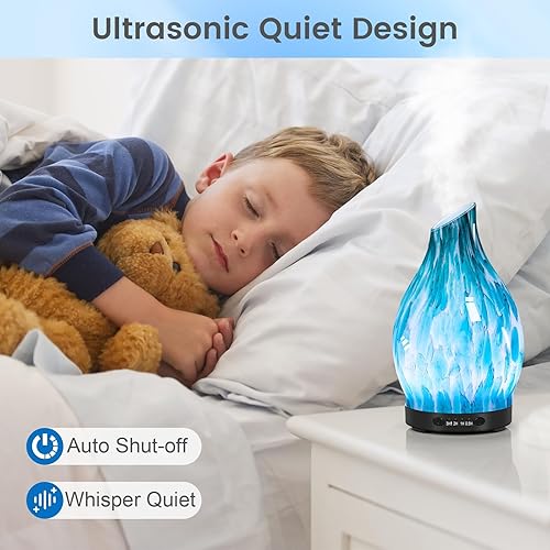 Miniatura 5 de Difusor de aceite esencial, difusor de aromaterapia de vidrio de 4.1 fl oz con apagado automático y 7 luces LED de color, humidificador ultrasónico