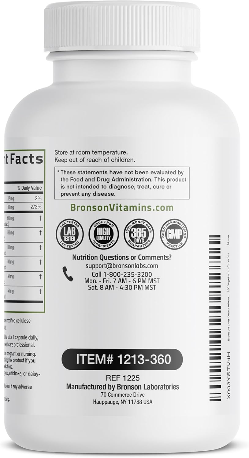 Bronson Liver Detox Advanced Detox & Cleansing Formula Supports Health Liver Function with Milk Thistle, Dandelion Extract, Turmeric, Artichoke Leaf & More, Non-GMO, 360 Vegetarian Capsules