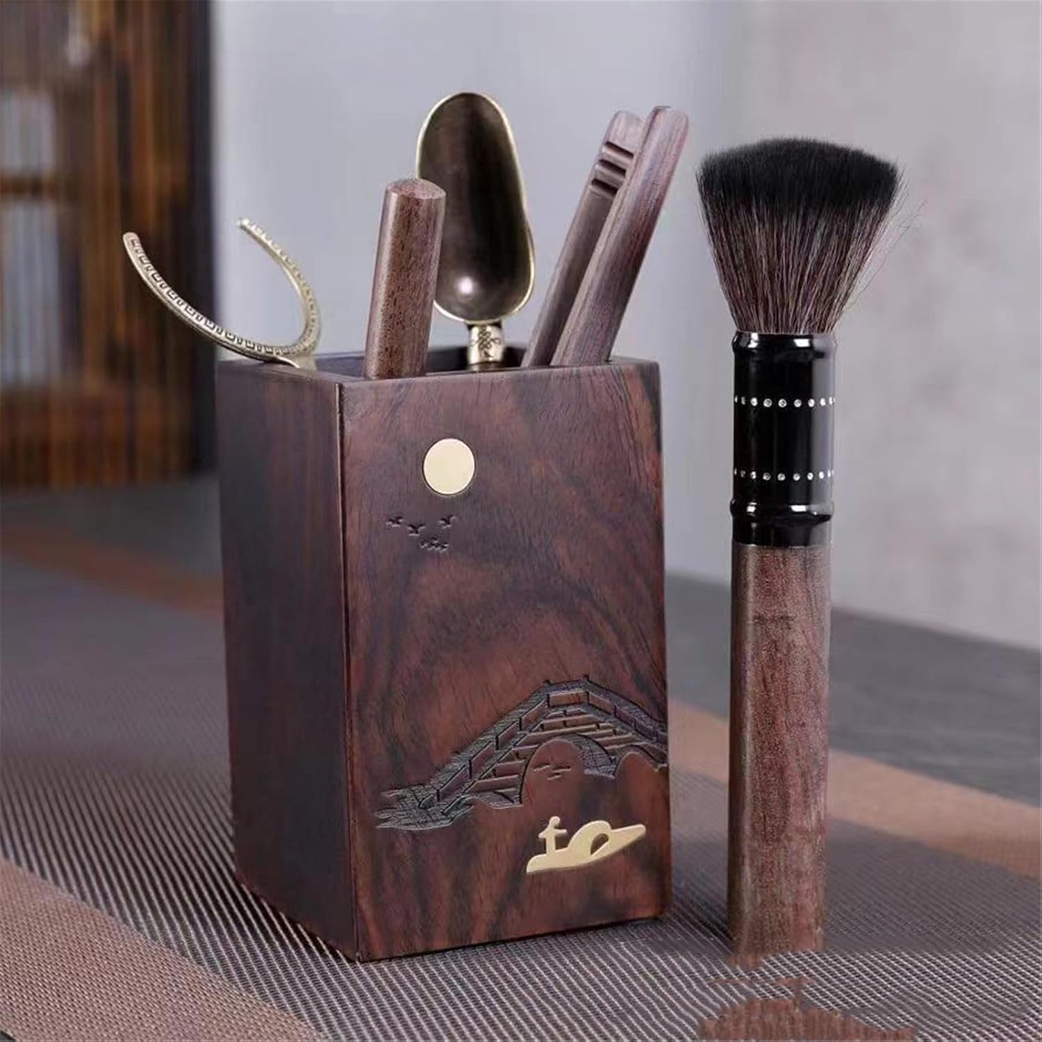 Black sandalwood tea ceremony pen holder tea knife pot pen kung fu accessories tea spoon solid wood 5-piece set-Color1