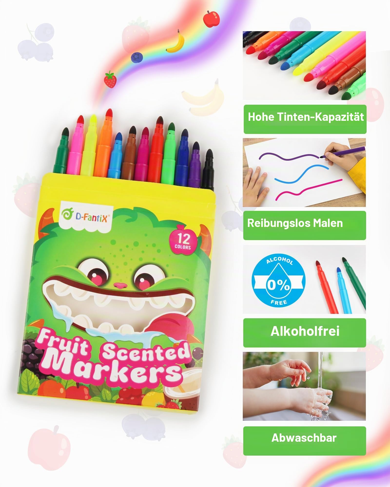D-FantiX 24 Boxen Filzstifte für Kinder & Kleinkinder, 288-Teiliges Fruchtige Abwaschbare Marker mit runder Spitze, Faserstifte schulbedarf
