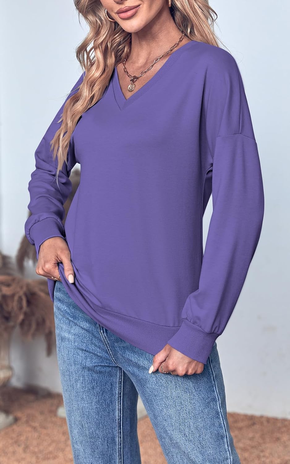 Women's Long Sleeve Sweatshirts No Hood Casual V Neck Lightweight Trendy Fall Spring Basic Pullover Tops - Image 2