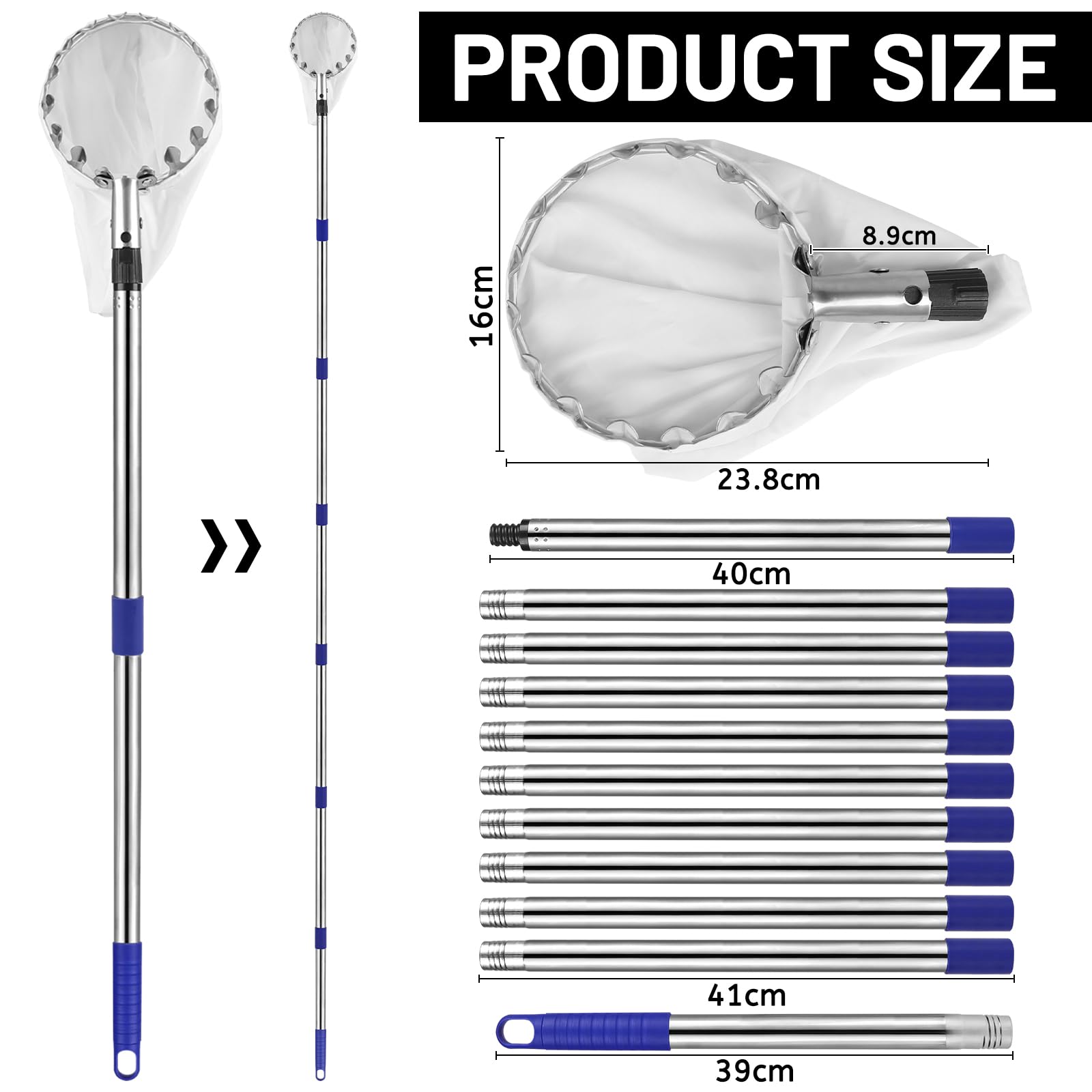 DBREAKS Raccogli Frutta, 4,2M Raccogli Mele con Manico Telescopico, Palo in Acciaio Inox Leggero Raccogli Frutta, Acciaio Inox Cestino con Sacchetto di Cotone, Diametro 16 cm