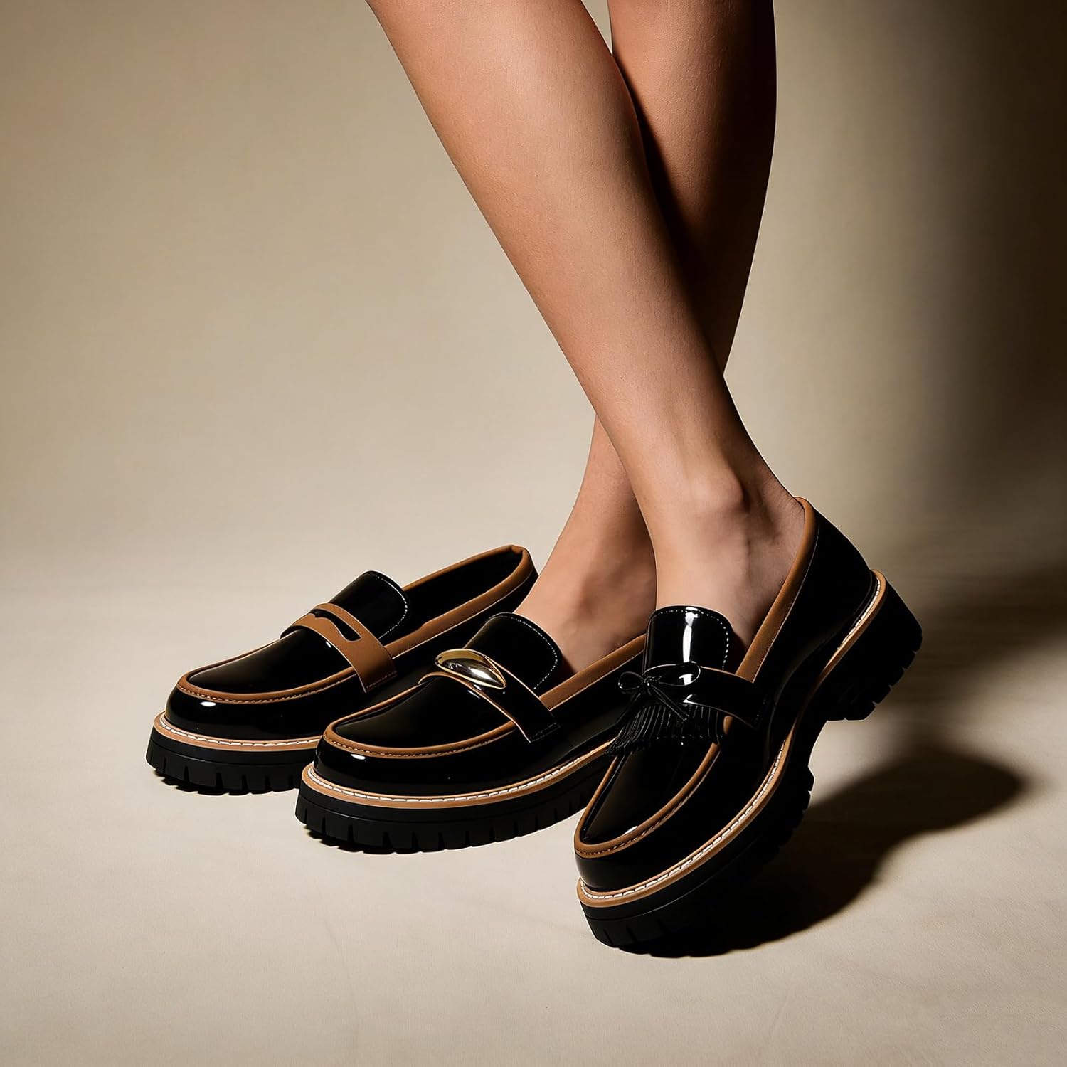 Women's Patent Leather Lug Sole Loafers with Tassel&Metal Decoration Classic Comfort Round Toe Non-Slip Chunky Platform Slip-On Dressy Penny Loafers for Business Casual Daily Wear Office School - Image 2