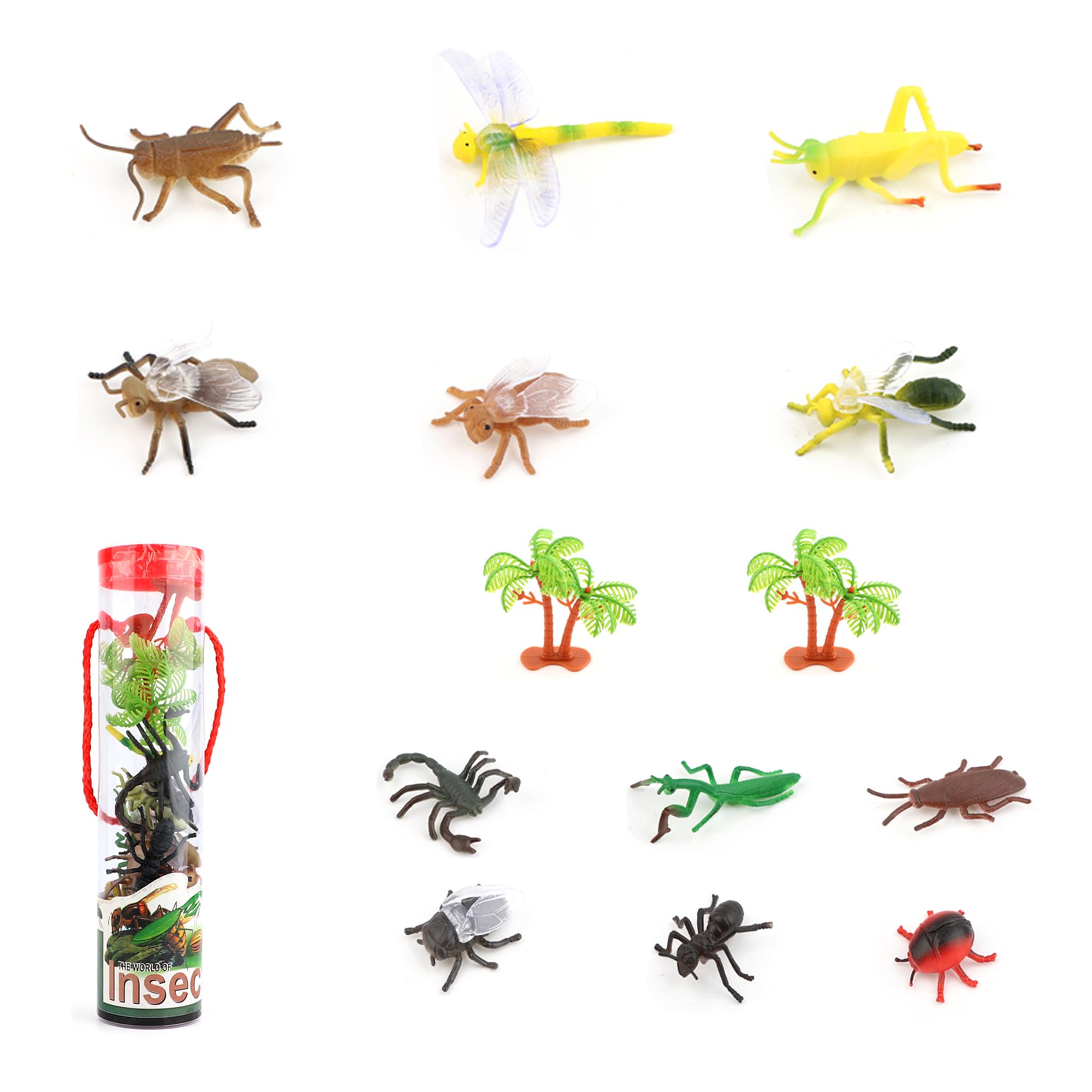 MACMERISE Galaxy Creepy Crawly Insect Set - 14 Pieces | Realistic Insect Figurines with Palm Trees in Portable Container
