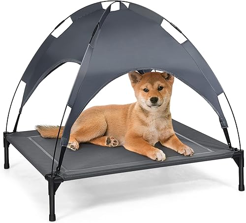 Giantex Cama elevada para perros con toldo extraíble, cuna elevada portátil para mascotas, cama refrescante para perros para camping, playa, césped,