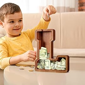 Summidate Customized Name Extra Large Wooden Piggy Bank for Kids Boys Girls Alphabets Letter A-Z Coins Bills Money Change Saving Box Clear Cover (Laser Engraved) Educational Toys 12- Letter L