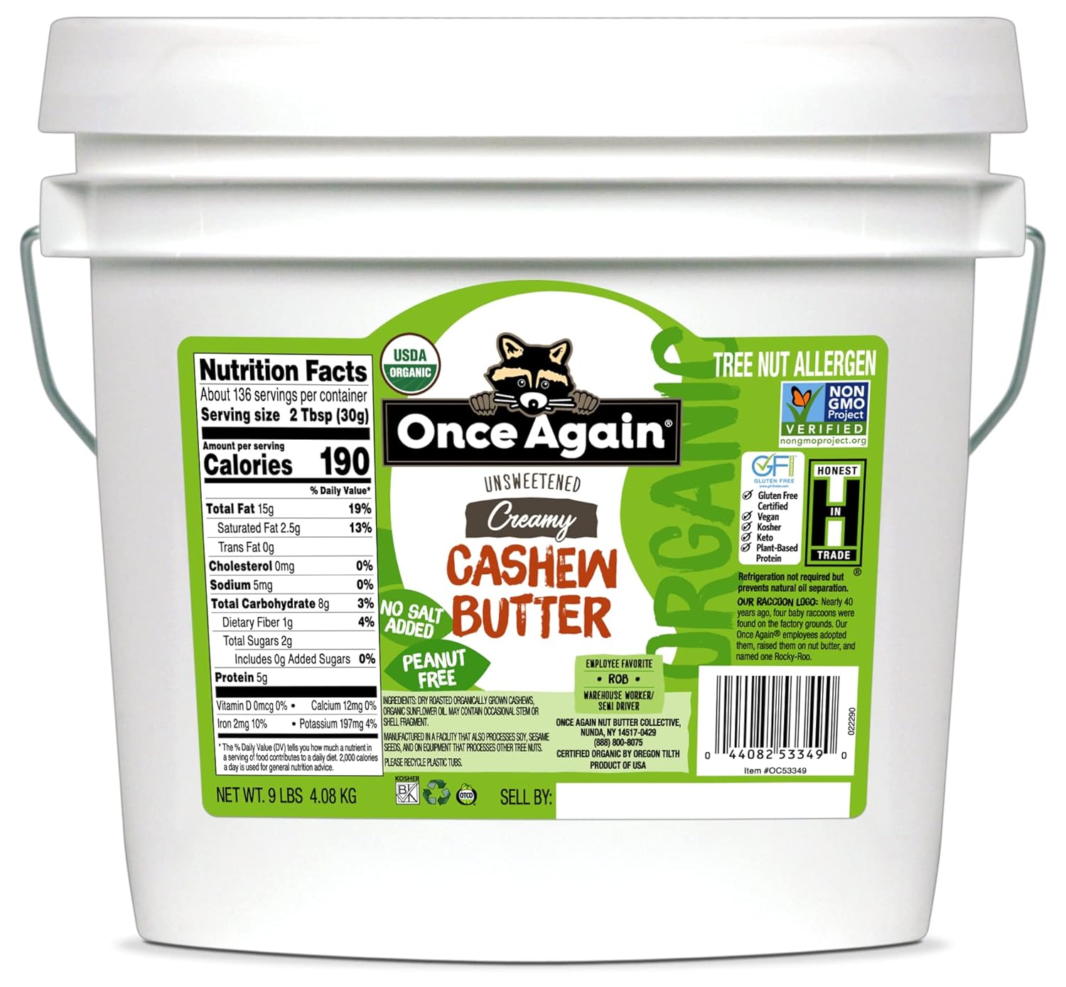 Once Again Organic Creamy Cashew Butter, 9lb Unsweetened