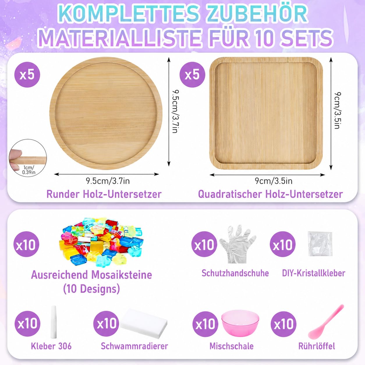 OGMBI Set di 10 sottobicchieri a mosaico fai da te, con sottobicchieri in legno, set fai da te per bambini e adulti, fai da te creativo, regalo di compleanno
