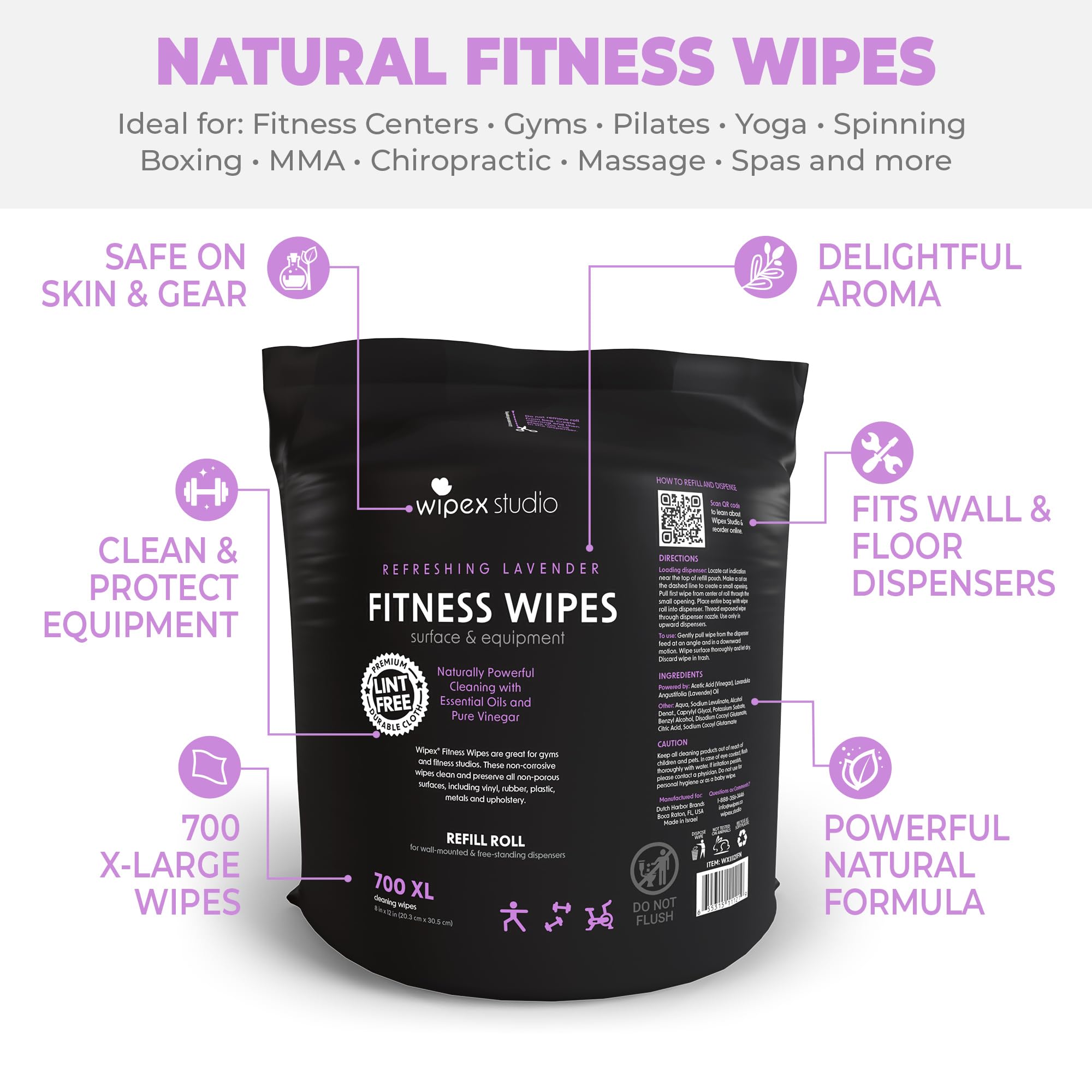 Wipex Toallitas de gimnasio y fitness, 700 toallitas grandes naturales con vinagre y aceite de lavanda (1 recambio)