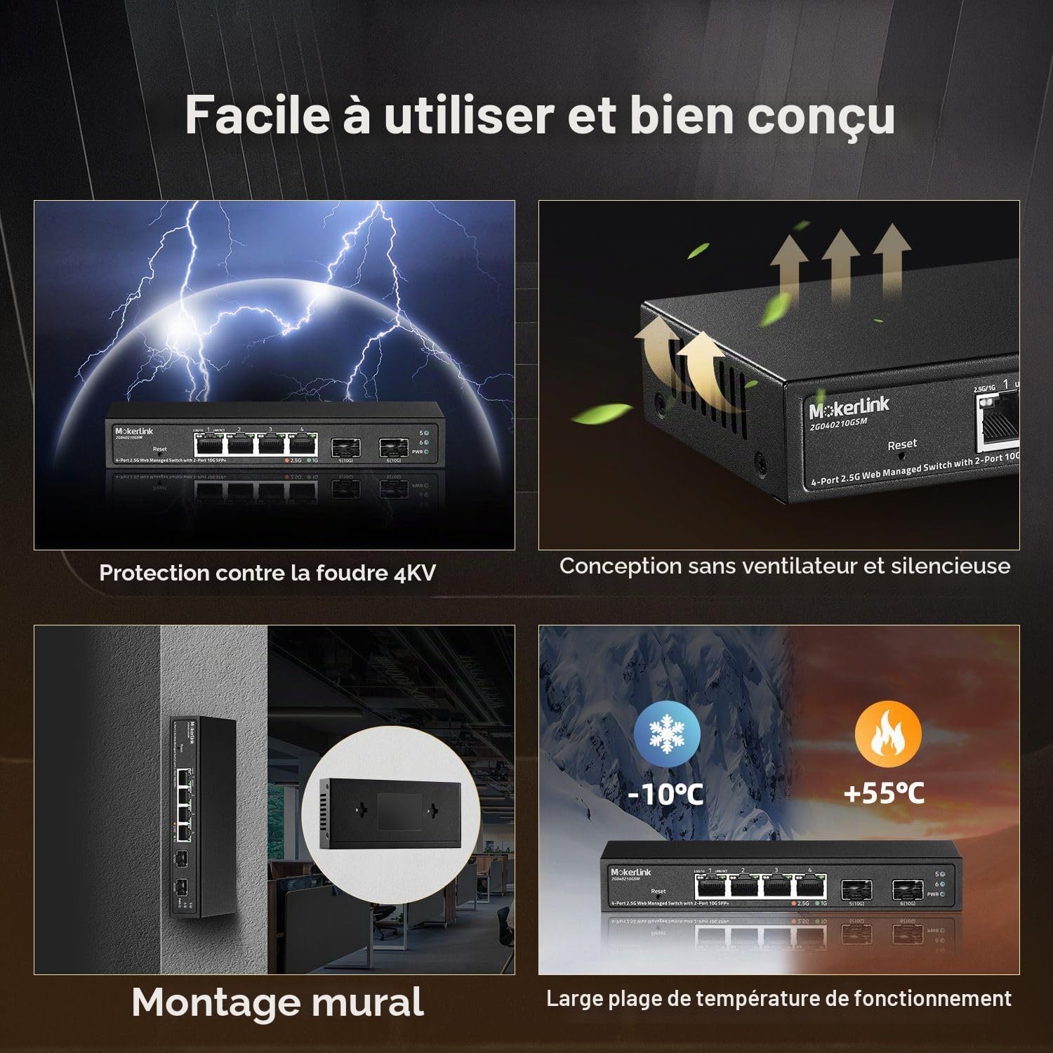 MokerLink Commutateur géré 4 ports 2,5 G SFP+ 4 ports 2,5 G Base-T 10/100/1000 Mbps Mini Size Metal Web Managed Fanless