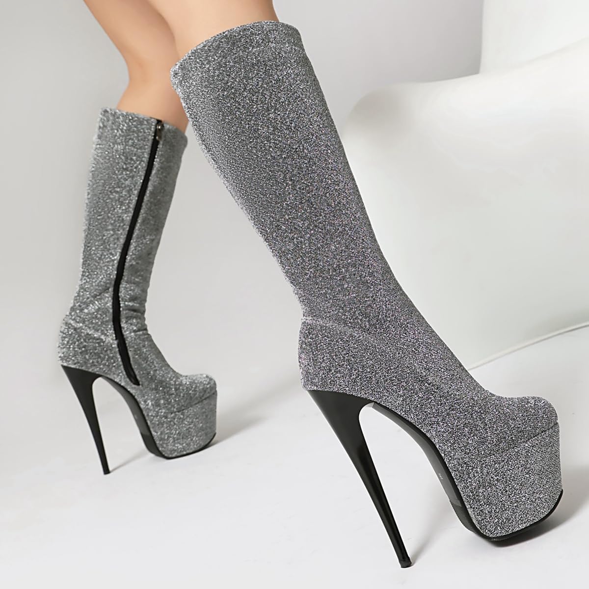 Women's Fashion Spikes Stilettos High Heels Knee High Boots Platform Round Toe Zipper Evening Dressy Boots