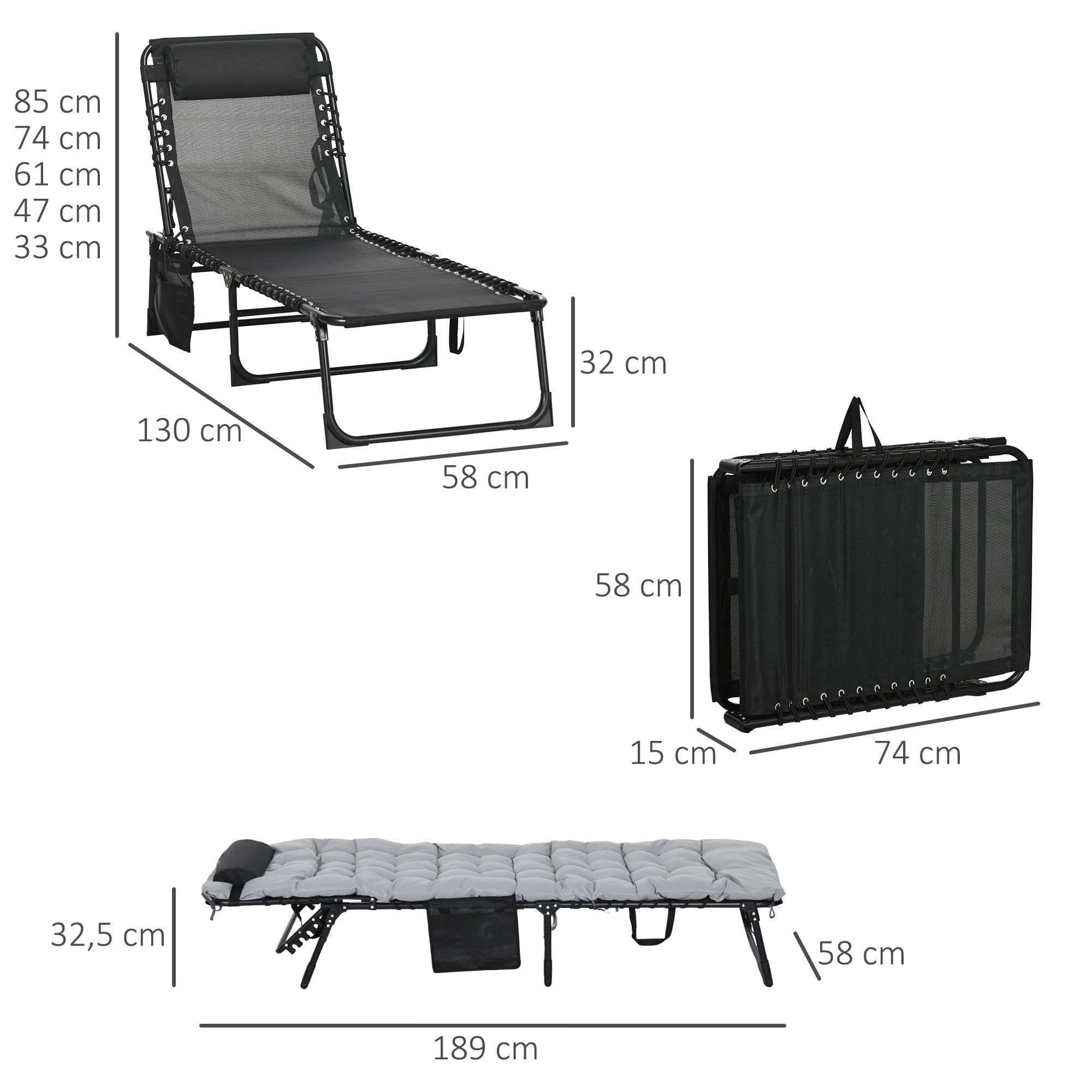 Outsunny Bain de soleil, chaise longue pliante avec coussin, appuie-tête, poche latérale, textilène, transat jardin extérieur inclinable de plage camping piscine terrasse 58 x 189 x 32,5 cm gris clair