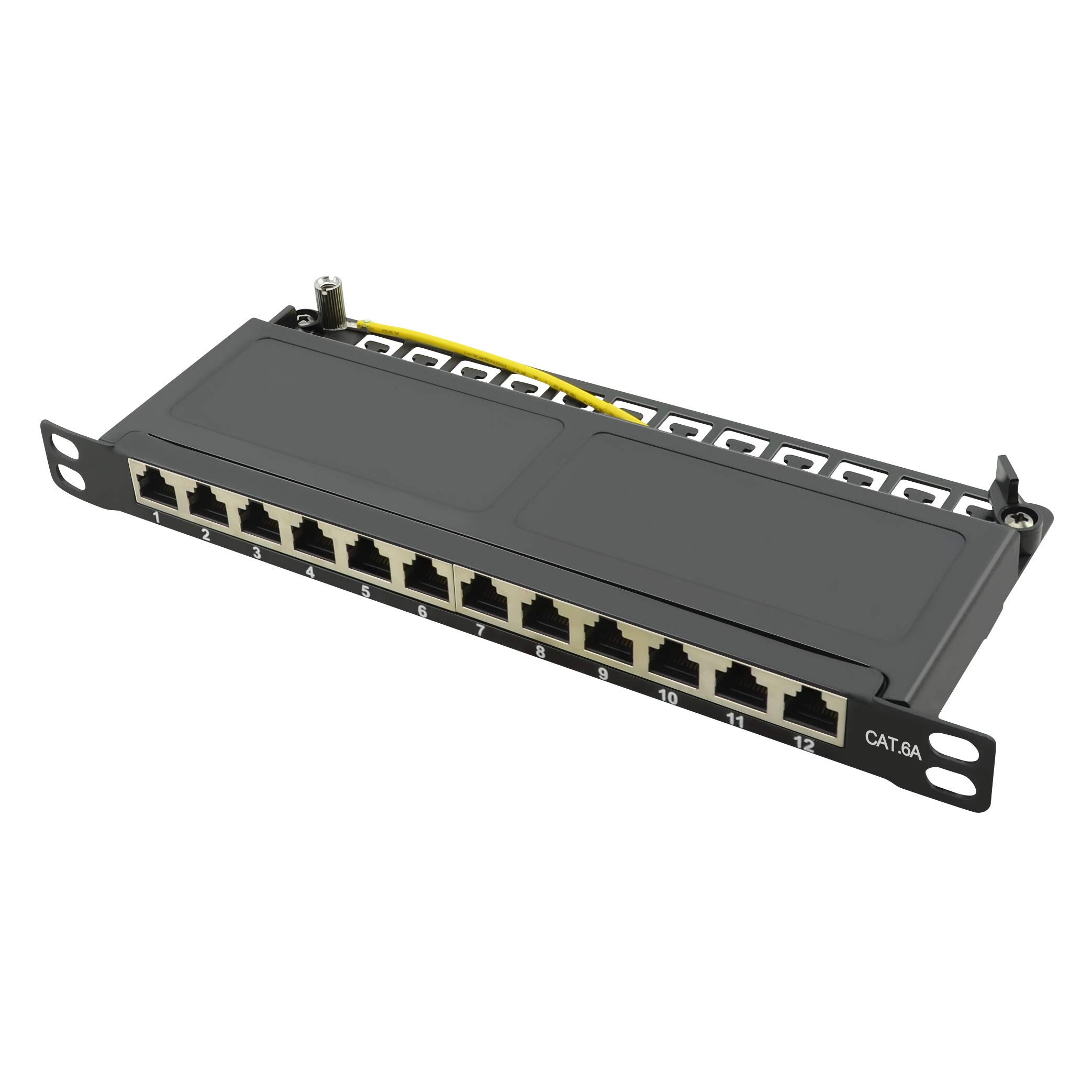 LogiLink Professional NP0066 Panneau de brassage/de distribution blindé Cat 6A avec 12 ports (10"), PoE et PoE+, demi-hauteur (0,5 unités de hauteur), noir
