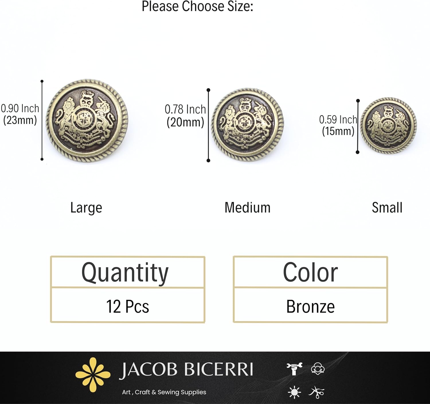 Bronze Metal Shank Buttons - 12 Pcs - 3 Size Options - The Lion of Kingdom Round Metal Shank Buttons Vintage for Men Women Blazer Coat Uniform Shirt Suit and Jacket Sewing Craft DIY N14603