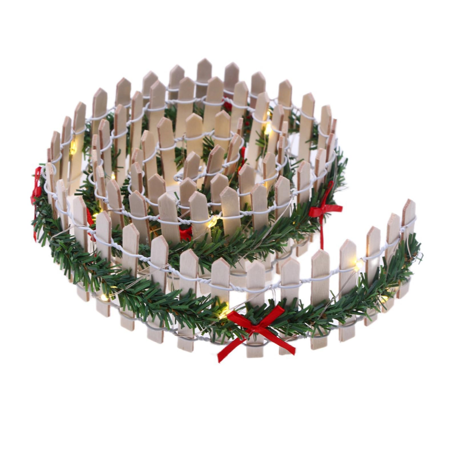ALCXAZS Handmade LED Light Miniature Wooden Picket Fence Christmas Elf Fairy Garden Holiday Village Prop Christmas Tree Fence, beige