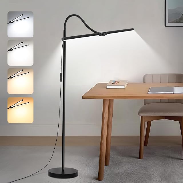 Lampe sur pied LED, 18W/2000LM lampes sur pied lumineuses pour salon, lumière de lecture dimmable et respectueuse des yeux avec double tête, lampe debout moderne à col de cygne réglable pour extension de cils, artisanat, tatouage.