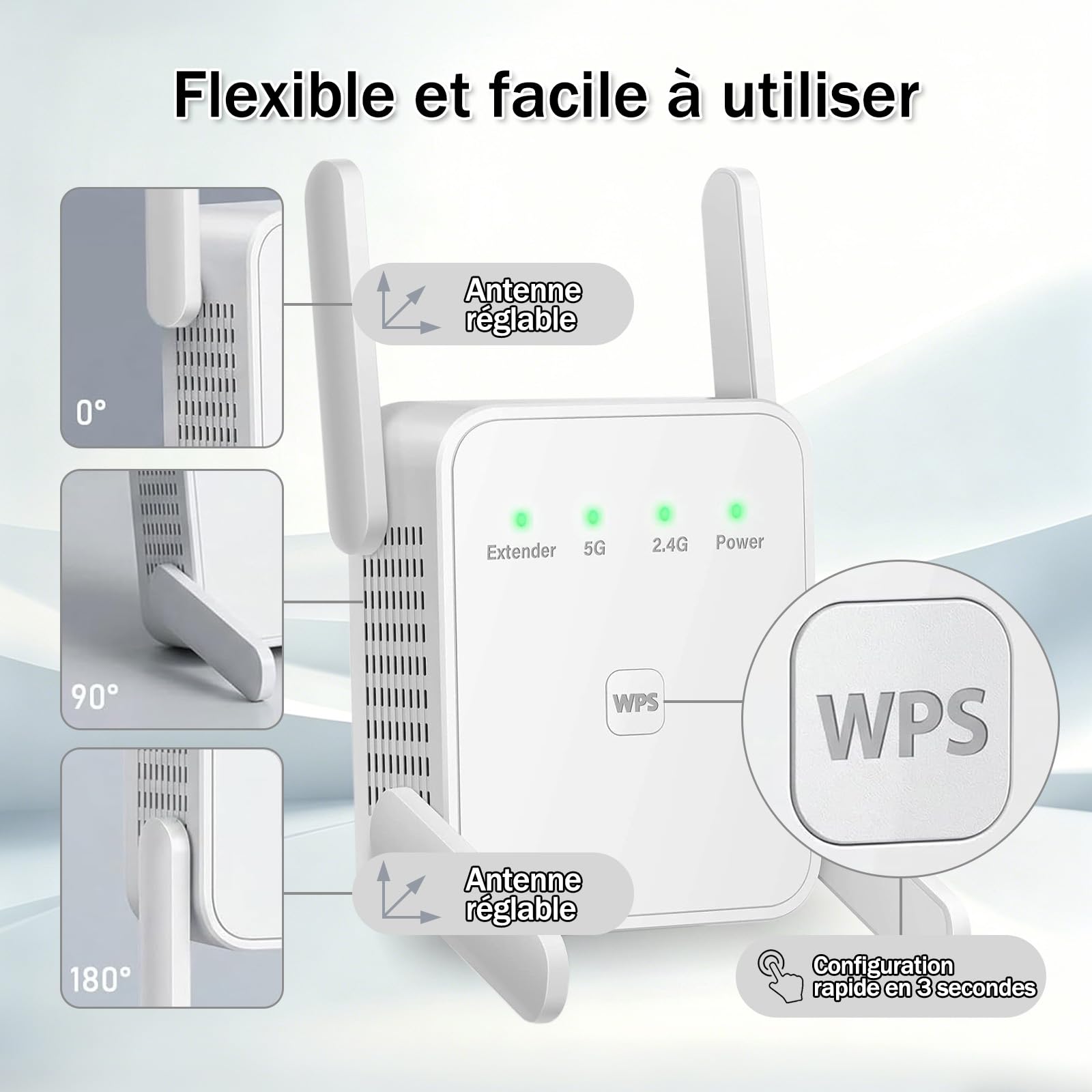 Répéteur WiFi 1200Mbps, Puissant WiFi Booster Double Bande 5GHz & 2.4GHz | Configuration WPS en un clic,4 antennes pour une couverture de 12 880 m², installation simple, parfait pour le télétravail