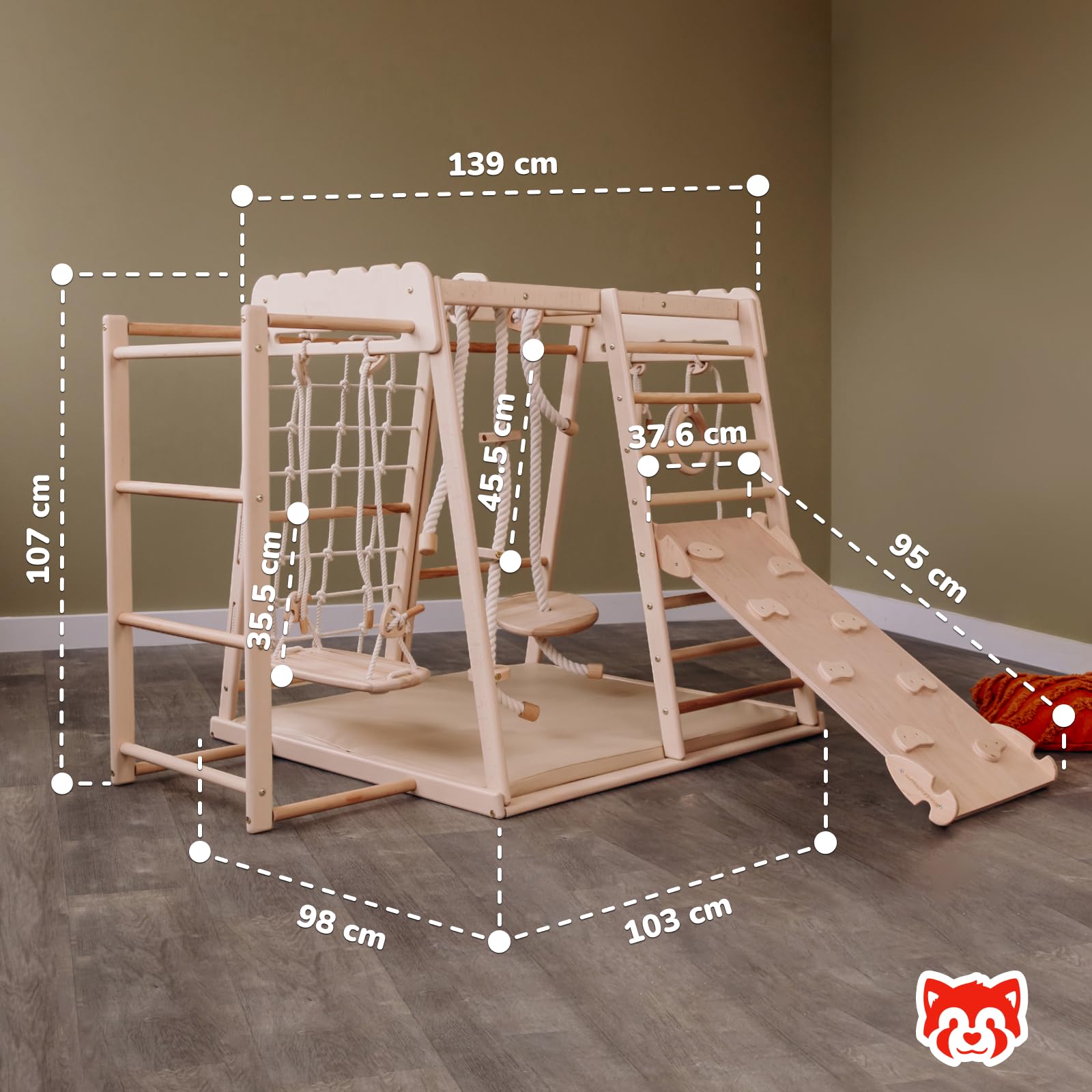 WoodandHearts Jungle Gym, Holzkletterer, Spielbereich: Schaukelrampe, Kletterseil, Klettergerüst, Turnringe, Kinderschaukel, Spielmatte in Beige