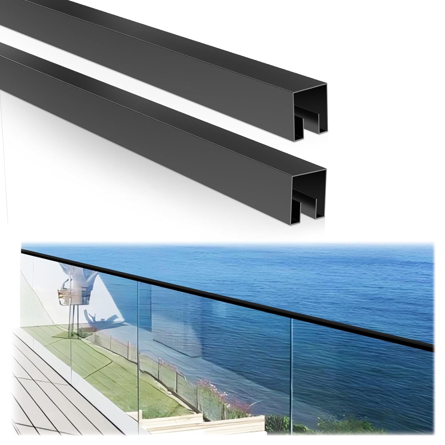 LukLoy 4 Pack 6'6" Stainless Steel T304 Glass Top Rails, Glass Railing Top Channel, Black Glass Cap Rail for 10mm or 3/8" Thick Glass