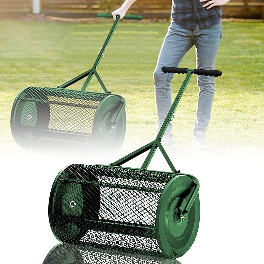 Compost Peat Moss Spreader, Heavy Duty Metal Mesh Spreader with Adjustable Handle Can Fertilizer, Topsoil, Planting, Seeding, Mulch for Lawn, Garden and Yard, Green
